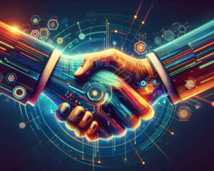 retd-300x240 Zwei moderne Geschäftsmänner schütteln sich die Hand, Partner, Business-Deal-Konzept, Handschlag, technisierter Hintergrund